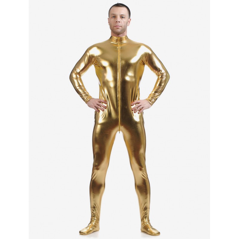 Men Golden Adults Bodysuit Cosplay Jumpsuit Shiny Metallic Catsuit For Solid