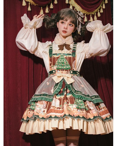 Sweet Lolita JSK Dress 4-Piece Set Polyester Sleeveless Christmas Lolita Jumper Skirt Outfit