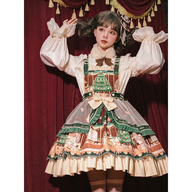 Sweet Lolita JSK Dress 4-Piece Set Polyester Sleeveless Christmas Lolita Jumper Skirt Outfit