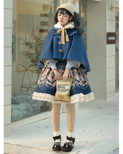 Sweet Lolita Poncho Dark Navy Polyester Lace Up Lolita Pocho Cape Only Outwears Spring Fall Winter