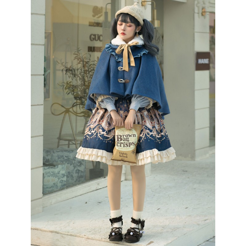 Sweet Lolita Poncho Dark Navy Polyester Lace Up Lolita Pocho Cape Only Outwears Spring Fall Winter