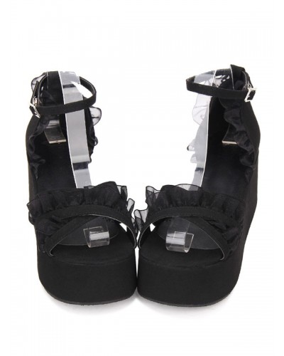 Gothic Lolita Sandals Ruffle Ankle Strap Platform Wedge Heel Black Lolita Shoes Daily Casual Tea Party