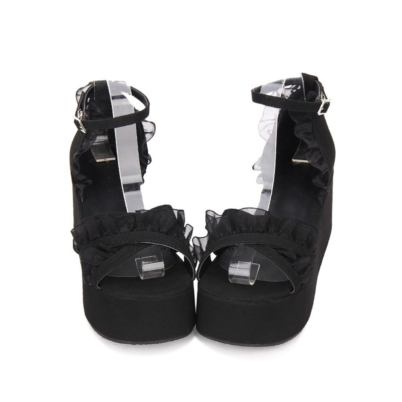 Gothic Lolita Sandals Ruffle Ankle Strap Platform Wedge Heel Black Lolita Shoes Daily Casual Tea Party