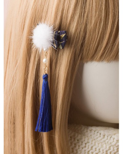 Sweet Lolita Hairpin Pom Pom Pearl Tassel Bow Blue Lolita Hair Accessory Accessories Daily Casual Tea Party