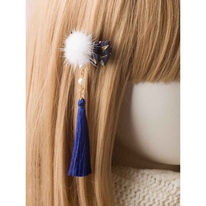 Sweet Lolita Hairpin Pom Pom Pearl Tassel Bow Blue Lolita Hair Accessory Accessories Daily Casual Tea Party