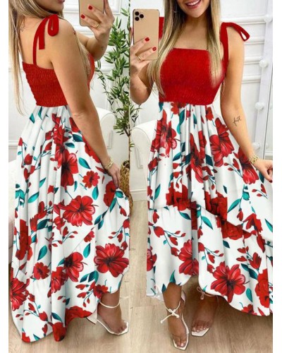 Women Dress Floral Print Pattern Red Straps Neck Sleeveless Lace Up Casual Dress Maxi Summer