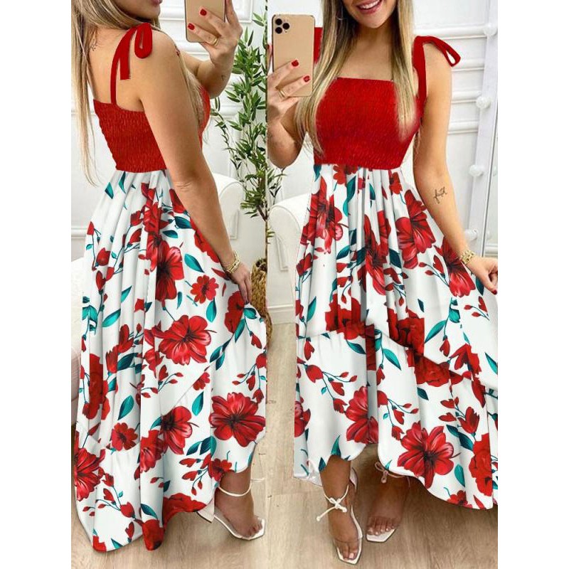 Women Dress Floral Print Pattern Red Straps Neck Sleeveless Lace Up Casual Dress Maxi Summer