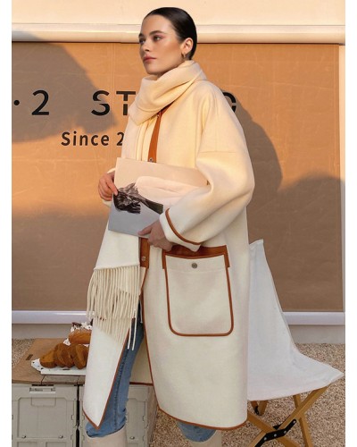 Woman's Outerwear Two-Tone V-Neck Winter Wrap Coat 2023 Classic  Traditional Casual