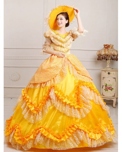 Retro Costumes Golden Marie Antoinette Embroidered Polyester Headwear Dress Retro Masquerade Gown ROCOCO Holiday Ball