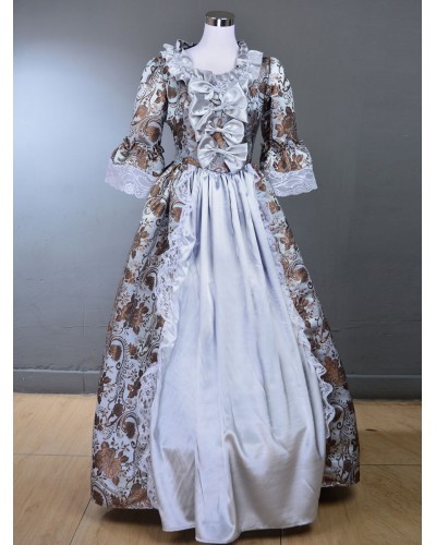 Women Light Gray Costumes Ruffles Polyester Floral Print Marie Antoinette Costume Dress 's 18th Century Costume Tunic Royal Retro