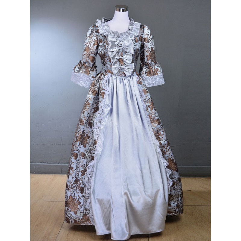 Women Light Gray Costumes Ruffles Polyester Floral Print Marie Antoinette Costume Dress 's 18th Century Costume Tunic Royal Retro