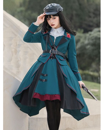 Costumes Military Uniform Lolita Army Ruffles Grommets Cyan Cyan