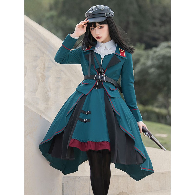 Costumes Military Uniform Lolita Army Ruffles Grommets Cyan Cyan