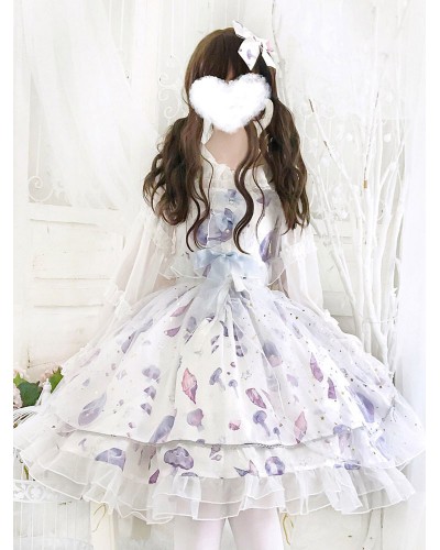 Lolita JSK Dress Aurelia Printed Bows White Lolita Jumper Skirts Sweet Spring Fall Tea Party