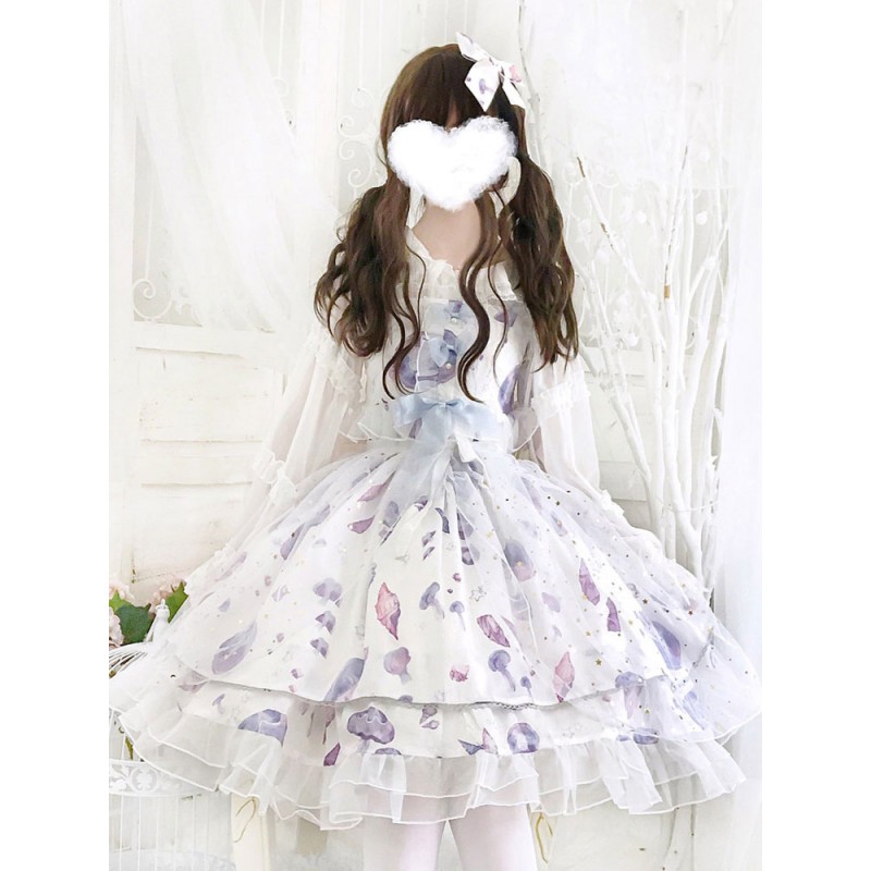 Lolita JSK Dress Aurelia Printed Bows White Lolita Jumper Skirts Sweet Spring Fall Tea Party