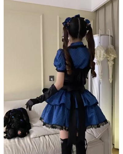 Lolita Outfits Blue Ruffles Polka Dot Short Sleeves Top Skirt Adjustable Elastic Sets Idol clothes Daily Casual