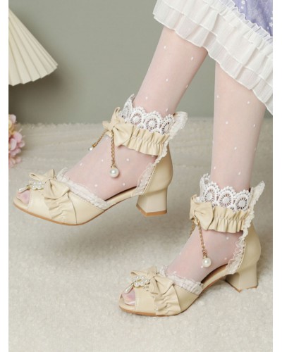 ROCOCO Style Lolita Sandals Ecru White Bows Pearls PU Leather Peep Toe Lolita Summer Shoes