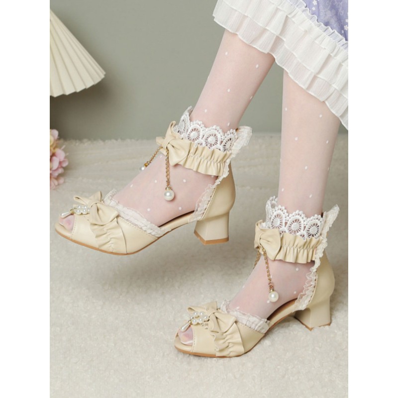 ROCOCO Style Lolita Sandals Ecru White Bows Pearls PU Leather Peep Toe Lolita Summer Shoes