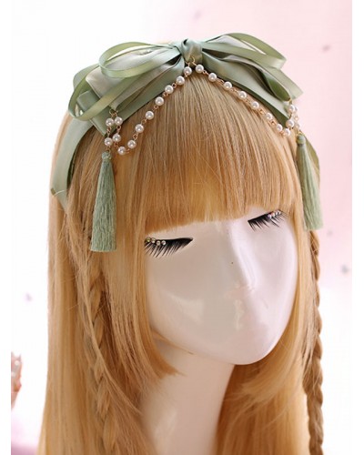 Sweet Lolita Headdress Pearl Tassel Bow Satin Light Green Lolita Hair Band