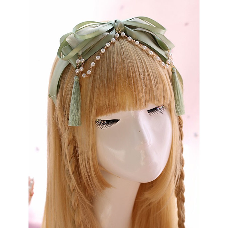 Sweet Lolita Headdress Pearl Tassel Bow Satin Light Green Lolita Hair Band