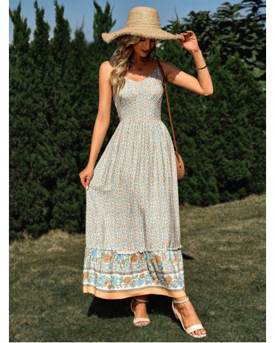 Dress Sleeveless Beige Floral Print Straps Neck Dress Drawstring Long Dress Bohemian Maxi Beach