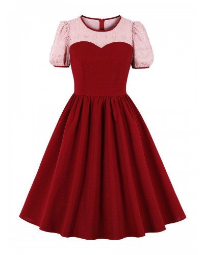 Women 1950s Audrey Hepburn Style Retro Dress Red Two Tone Lace Short Sleeves Jewel Neck Red Swing Dress Vintage Daily Casual