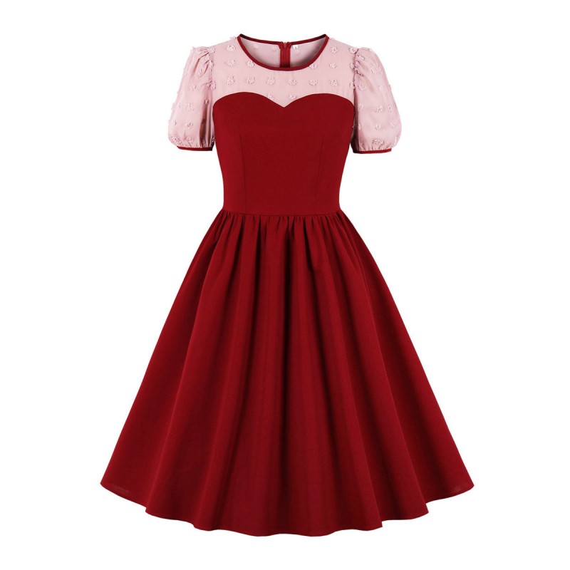 Women 1950s Audrey Hepburn Style Retro Dress Red Two Tone Lace Short Sleeves Jewel Neck Red Swing Dress Vintage Daily Casual