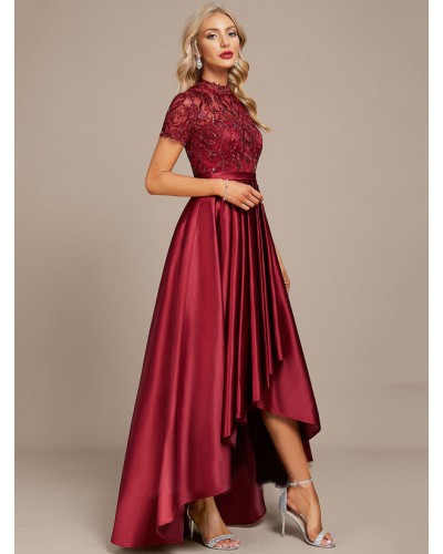 Women Party Dresses Burgundy High Collar Lace Short Sleeves High Low Design Semi Formal Dress Maxi Spring Summer Fall Winter