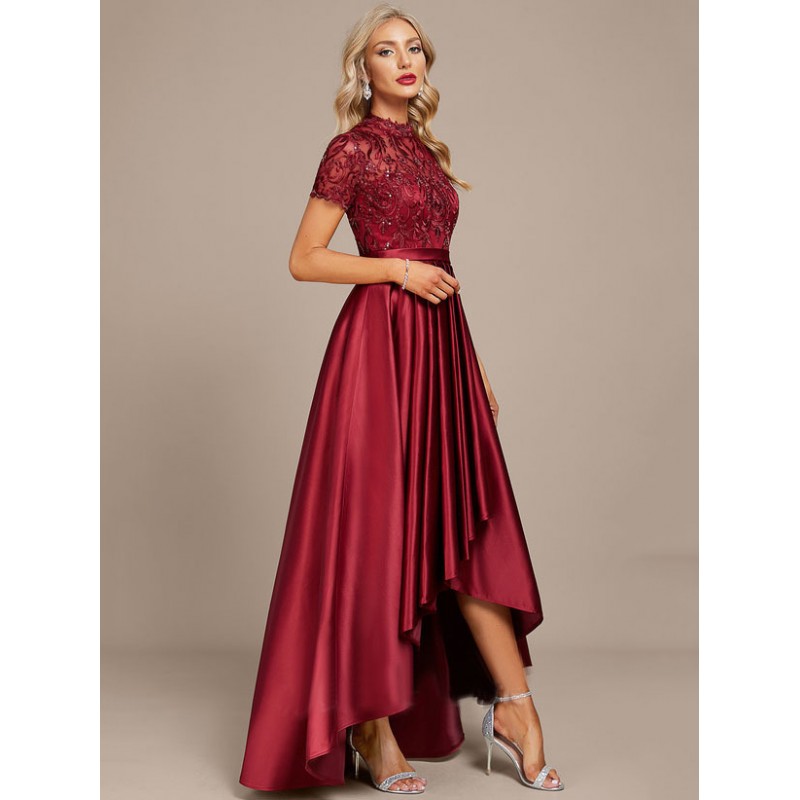 Women Party Dresses Burgundy High Collar Lace Short Sleeves High Low Design Semi Formal Dress Maxi Spring Summer Fall Winter