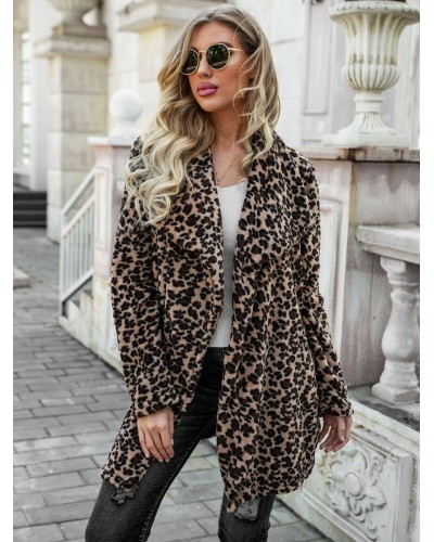 Women Jacket Wide Lapel Long Sleeves Leopard Print Outerwear Faux Fur Jacket Fall Winter Daily Casual Street Wear