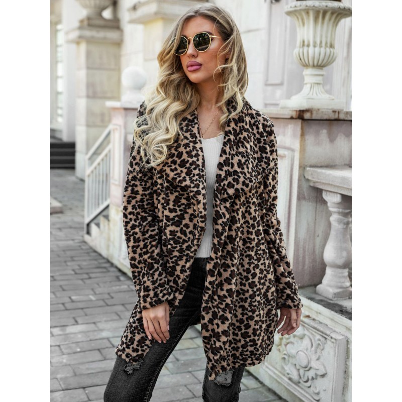 Women Jacket Wide Lapel Long Sleeves Leopard Print Outerwear Faux Fur Jacket Fall Winter Daily Casual Street Wear