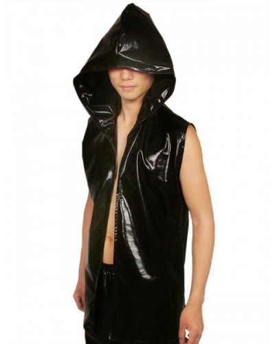 Unisex Black Sleeveless Hoodie Shiny Metallic Fabric Top Patterned