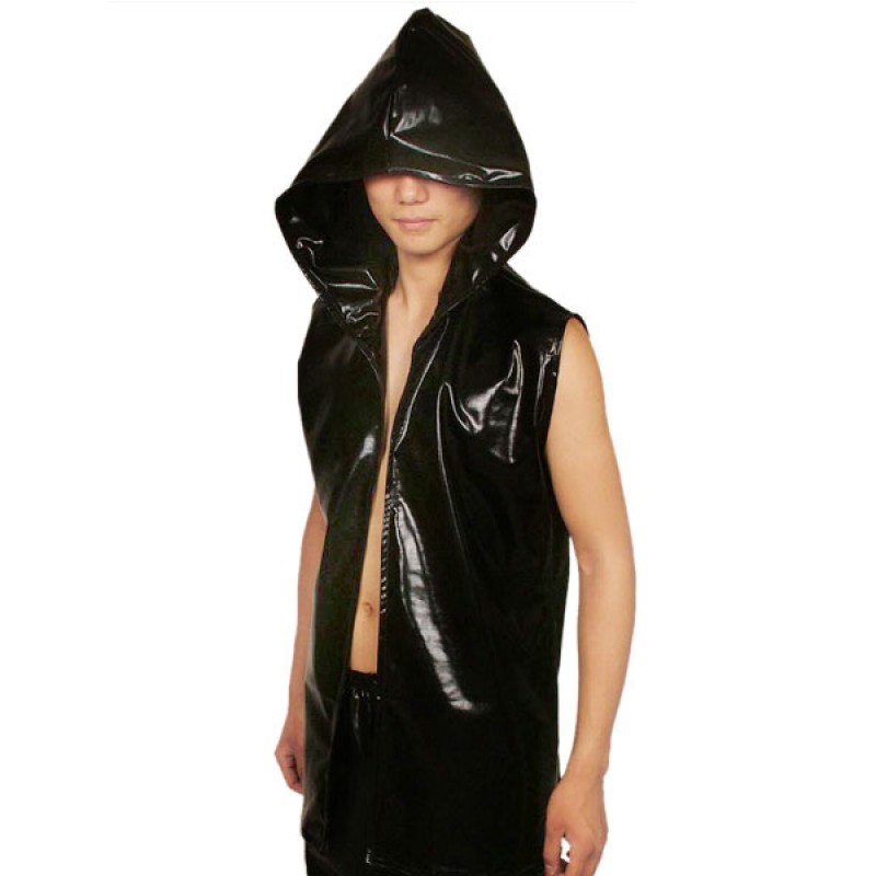 Unisex Black Sleeveless Hoodie Shiny Metallic Fabric Top Patterned