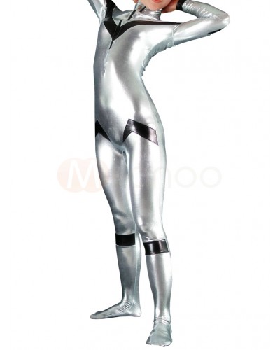 Silver Shiny Metallic Unisex Catsuit With Black V Pattern Bodies