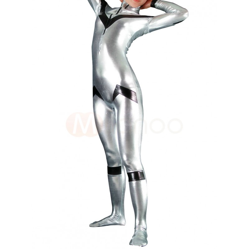 Silver Shiny Metallic Unisex Catsuit With Black V Pattern Bodies