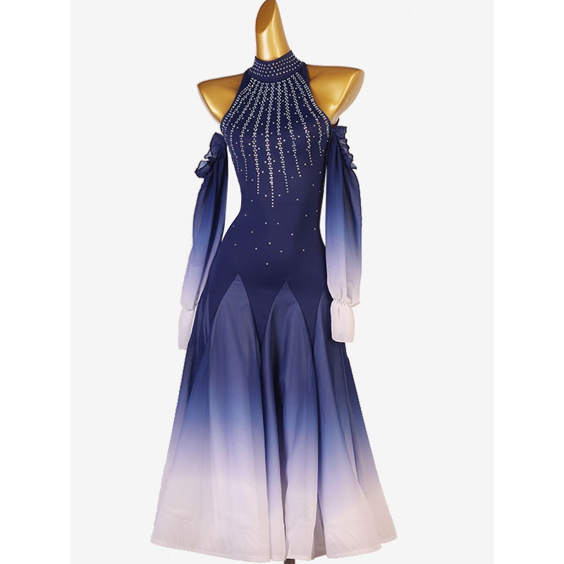 Women Ballroom Dance Costumes Deep Blue 's Lycra Spandex Dress Backless Dancing Wear Tunic Sexy Elegant