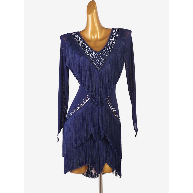 Latin Dance Costume Blue Women's Rhinestones Bodycon Polyester Dress Dancing Wear Sexy Ball