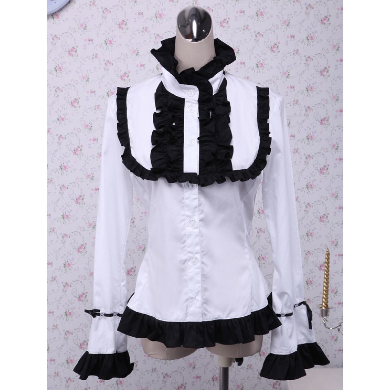 White Cotton Lolita Blouse Long Sleeves Black Ruffles Stand Collar Sweet