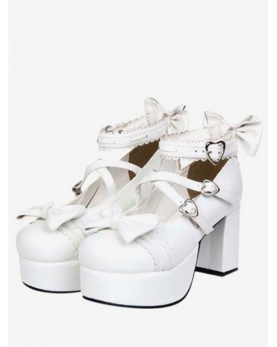 White Chunky Square Heels Lolita Shoes Platform Ankle Strap Heart Shape Buckles Bows