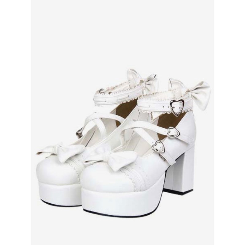 White Chunky Square Heels Lolita Shoes Platform Ankle Strap Heart Shape Buckles Bows