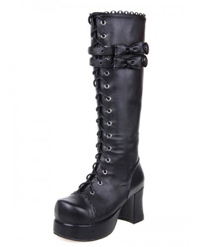 Black Lolita Boots Chunky Heels Platform Shoelace Straps Bows