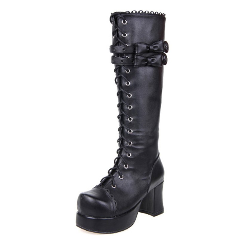 Black Lolita Boots Chunky Heels Platform Shoelace Straps Bows