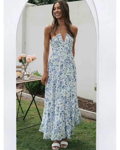 Women Floral Dresses Floral Print Strapless Backless Lace Up V-Neck Sleeveless Backless Casual Summer Long Dress Maxi Resort Wear