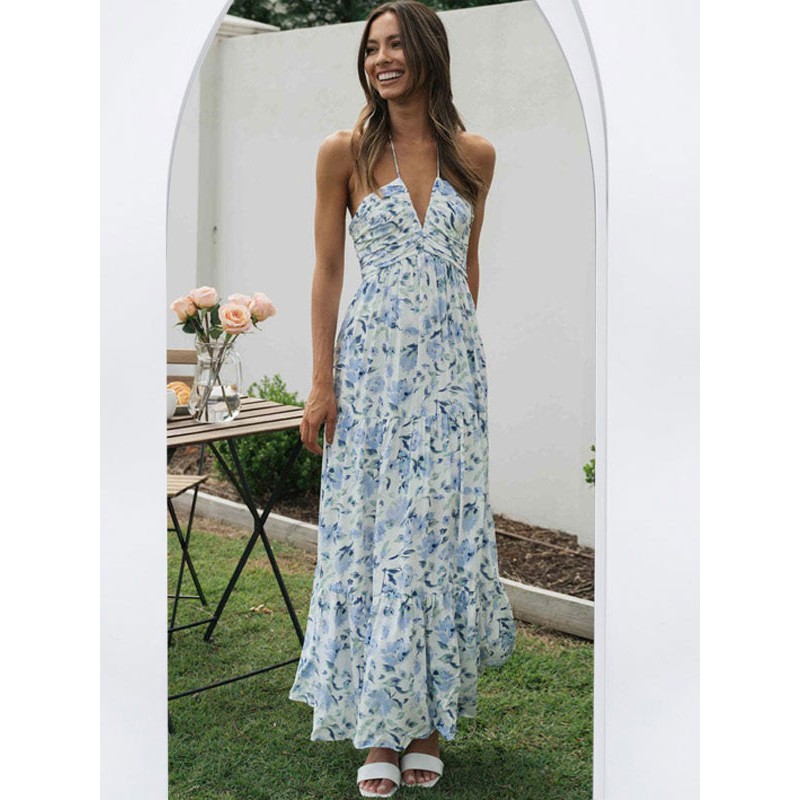 Women Floral Dresses Floral Print Strapless Backless Lace Up V-Neck Sleeveless Backless Casual Summer Long Dress Maxi Resort Wear