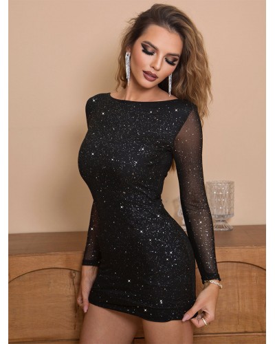 Birthday Club Dress Jewel Neck Rhinestones Long Sleeves Backless Red Dress Sexy