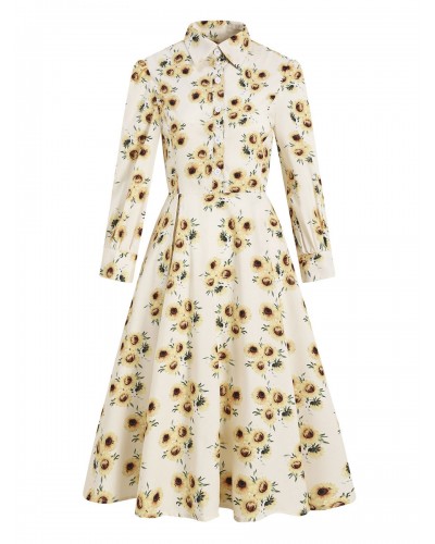 Women 1950s Audrey Hepburn Style Retro Dress Turndown Collar Long Sleeves Long Floral Printed Swing Dress Vintage Daily Casual