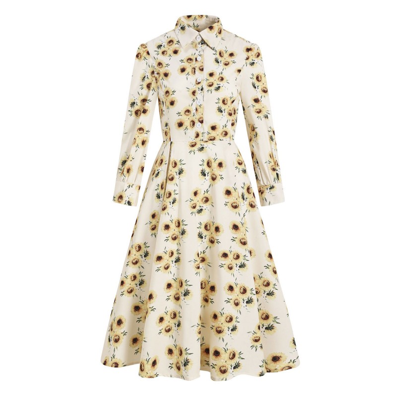 Women 1950s Audrey Hepburn Style Retro Dress Turndown Collar Long Sleeves Long Floral Printed Swing Dress Vintage Daily Casual