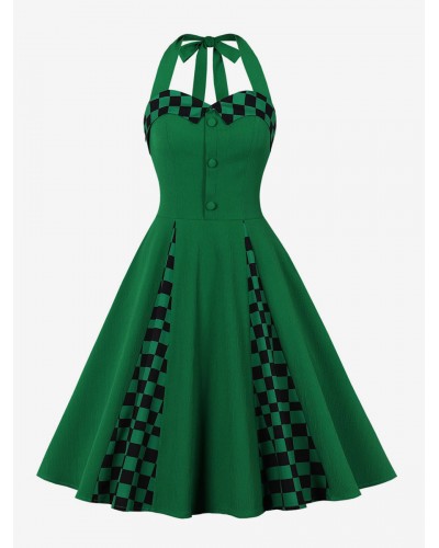 Women Dress 1950s Audrey Hepburn Style Green Plaid Sleeveless Rockabilly Dress Vintage Summer