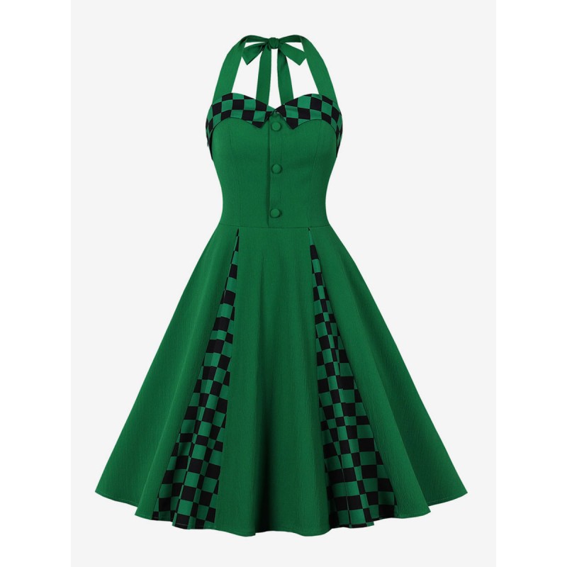 Women Dress 1950s Audrey Hepburn Style Green Plaid Sleeveless Rockabilly Dress Vintage Summer