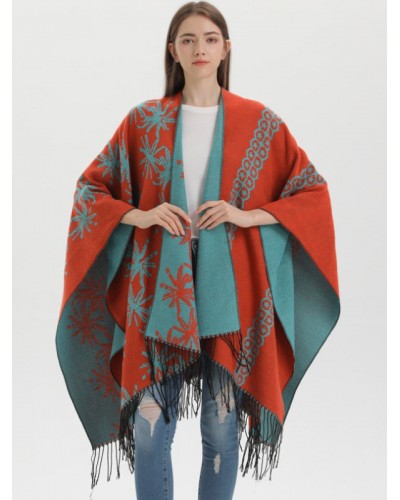 Women Cape Color Block Oversized Ethnic Style Poncho Poncho  Cape Fall Winter